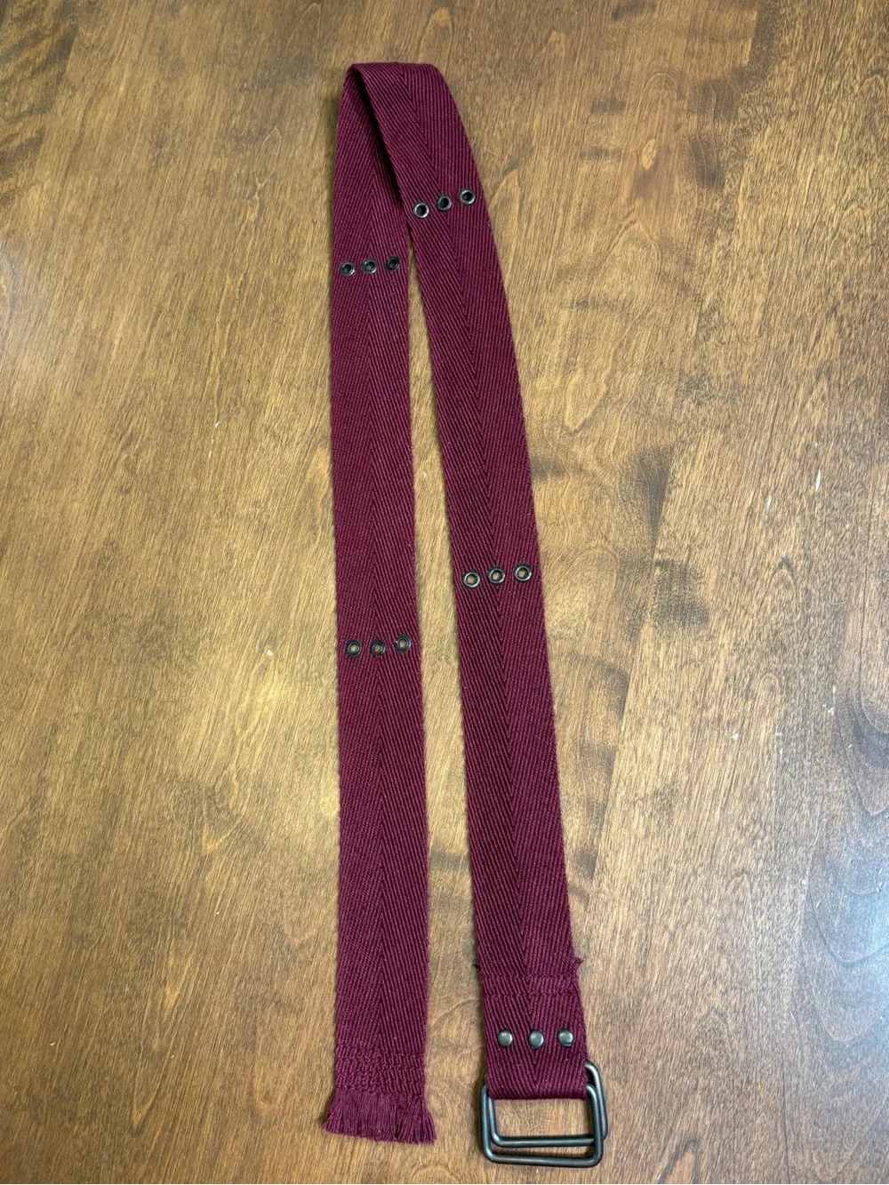 Men's Burgundy Canvas Military-Style Belt with Metal Double-Loop Buckle